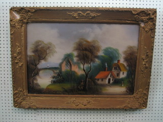 A Victorian oil painting on glass "Country Cottage by a River with Bridge" 15" x 22"