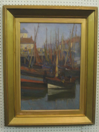 20th Century oil on canvas "Fishing Boats" 22" x 15"