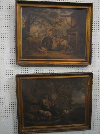 A pair of 18th Century coloured prints "Tavern with Figures, Father and Daughter with Pigs" 15" x 22"