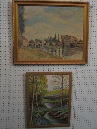 C C Swift, 20th Century oil on board "River Scene" 16" x 12" and a coloured print "Bridge with Figure" 15" x 19"