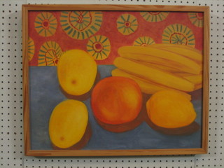 Jennifer Brown, 20th Century oil on canvas, still life study "Bananas and Oranges" 15" x 19"