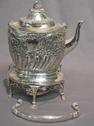 A Victorian embossed Britannia metal tea kettle complete with burner (handle f)