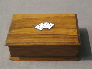 A rectangular olive wood card box the lid decorated enamel and cards 5"