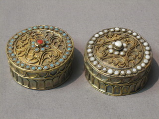 A pair of Eastern circular gilt metal boxes with hardstone decoration 2"