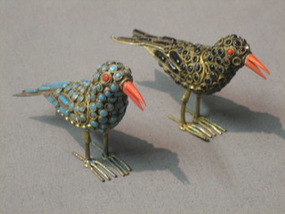 A pair of Eastern gilt metal and hardstone set figures of birds 2"