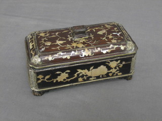 A 17th/18th Century Chinese hardwood box and cover inlaid mother of pearl decoration, raised on bracket feet