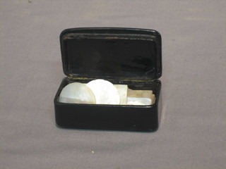 A Victorian lacquered snuff box 3" together with 14 various engraved mother of pearl game counters