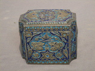 An Eastern embossed white metal box with hinged lid 4"
