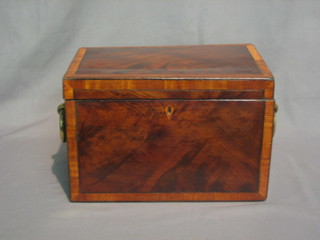 A  19th  Century rectangular mahogany  caddy/trinket  box  with hinged lid, crossbanded top and brass drop handles, 11"