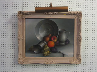 Reekie, 20th Century oil on canvas, still life study, "Pewter  Plae and Fruit" signed and dated 1958 15" x 19"