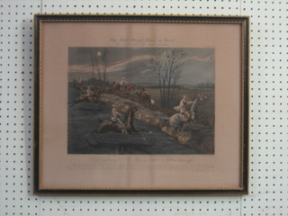 A set of 4 19th Century coloured prints after Alken, engraved  by Harris   -   "The  First  Steeple  Chase  on  Record,   Ipswich   A Watering  Place Behind the Barracks, The Large Field Near  Bles Corner  and  The  Last  Field  Near  Nacton  Heath  and   Nacton Church and Village" 11" x 14"