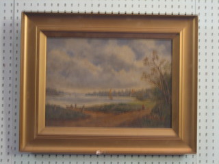 A 19th Century oil on board "Lake, Parkland and Figures" 10" x 13 1/2"