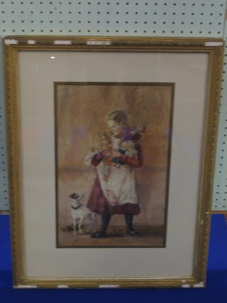 A  19th  Century watercolour drawing "Standing  Girl  with  Doll and Dog" 14" x 9 1/2"