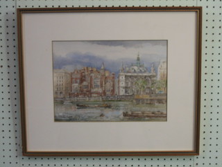 Paula  French,  watercolour  drawing  "Sion  College  From   the Thames" 9" x 12 1/2"