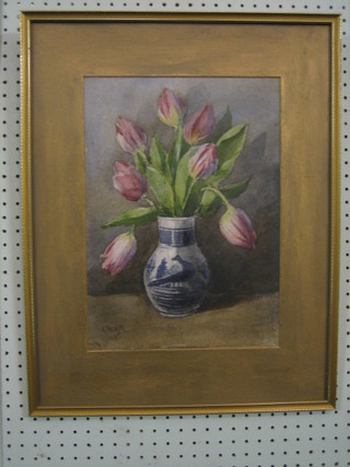 C  Hadley,  watercolour  drawing, still life  study  "Tulips  in  an Oriental  Blue and White Vase" 15" x 10" signed and dated  1925