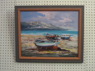 20th Century Continental oil painting on board "Beached  Fishing Boats" 12" x 16"
