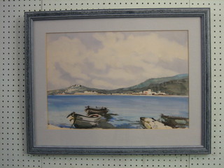20th  Century  watercolour drawing "Mediterranean  Scene,  Bay with Fishing Boats" 12" x 18" indistinctly signed