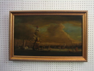 18th Century Dutch oil painting on board "Study of Harbour with Fleet, Men at War etc" 15" x 26"