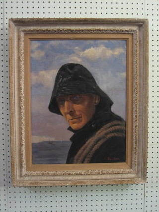 Ellis  Berg, oil on board, head and shoulders portrait  "Fisherman with   Dover   Straights   in  Background"  17"   x   13"  