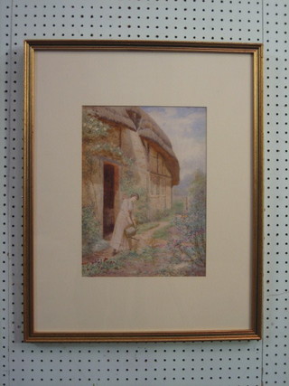 Joseph Kirkpatrick, 19th Century watercolour drawing, "Country Cottage Garden with Lady Watering Plants" 13" x 10"