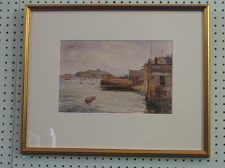 S J Beer, watercolour drawing "Harbour with Castle in Distance" 7" x 10"