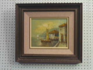 R Kay, 20th Century South African School, oil on board  "Study of a Fishing Boat by a Terrace" 7" x 9"