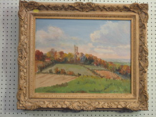 H   Dick  Broom,  oil  on  canvas  "Rural  Scene  with  Folly   in Distance" 13" x 17"