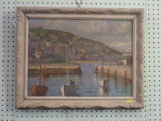 20th   Century   impressionist  oil  on  board  "Fishing   Boat   in Harbour" 12" x 16"