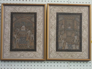 A  pair  of  19th/20th Century Eastern  paintings  on  silk  "Court Scenes" 12" x 9"
