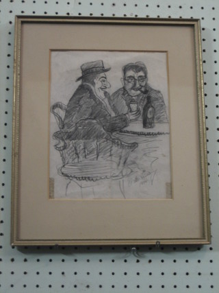 A.  Ian  Fleming, a pencil drawing "Two Gentleman at  A  Table with a Bottle of Beer" 9" x 8" signed and dated 1950