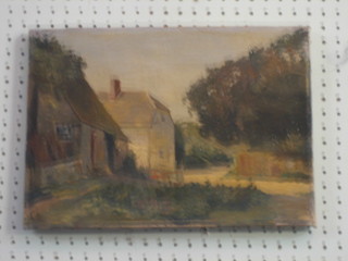 E Porter, oil on canvas "Country Cottage in Lane" 10" x 14 1/2"