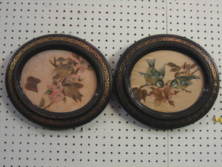 A  pair  of  19th Century watercolours on silk  "Studies  of  Birds Amidst Branches" 8" oval