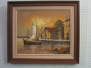 Robert,   20th   Century  South  African  School,  oil   on   board "Moored Fishing Boat" 19" x 23"