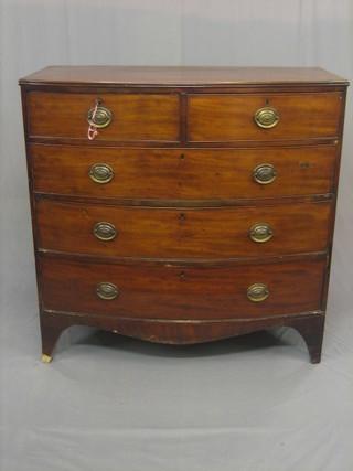 A  19th Century mahogany bow front chest of 2 short and 3  long drawers, raised on splayed bracket feet 45"