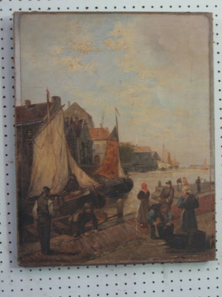 K  Van Hoom, 19th Century oil on canvas "Harbour  Scene  with Buildings and Figures" 20" x 15 1/2"