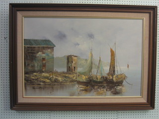 Winston, 20th Century South African School oil on board "Study of Fishing Boats" 23" x 35"