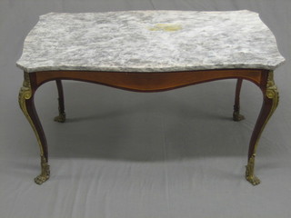 A  20th  Century rectangular Kingwood coffee  table  with  white veined marble top, raised on cabriole supports 38"