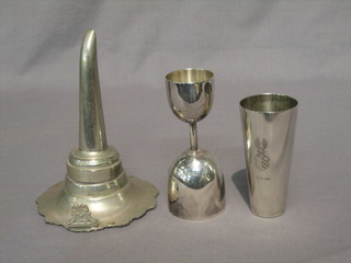 A  silver  plated wine funnel together with 2  silver  plated  spirit measures