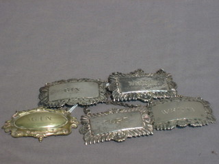 5  silver  plated decanter labels - 2 x whiskey, 1 x gin,  2  x  port