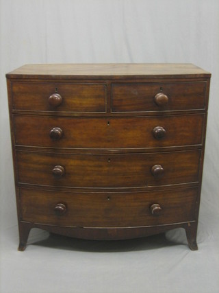 A  19th Century mahogany bow front chest of 2 short and 3  long drawers  with  tore handles, raised on splayed  bracket  feet,  42"