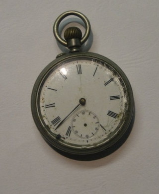 An  open  faced  pocket watch with  enamelled  dial  and  Roman numerals  (cracked and chipped) contained in a chromium  plated  case, the reverse marked A Sloper F.U.N.