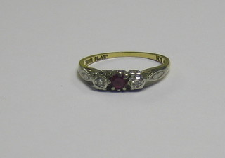 An  18ct  gold  wedding  band set a  red  stone  and  2  diamonds