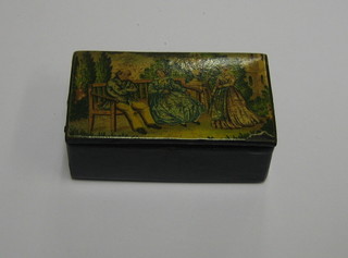 A 19th Century lacquered snuff box decorated a seated couple  2"