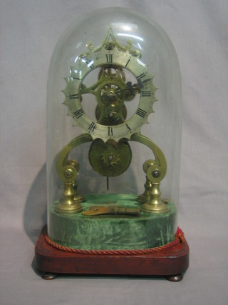 A  19th  Century  fusee  skeleton  clock  with  silvered  dial   and Roman    numerals,   complete   with   glass    dome   