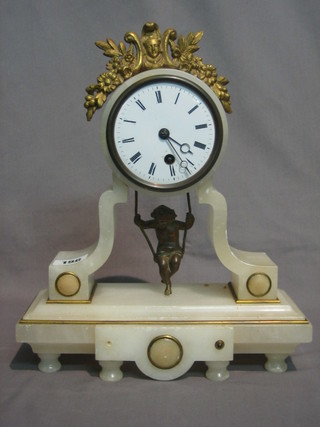 A  19th  Century  French  8 day clock  with  enamelled  dial  and Roman numerals contained in a white marble case, the  pendulum in  the  form of a cherub swinging from a swing,  the  movement   marked Chappement Brevets