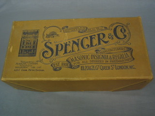 A  cardboard  box marked Spencer & Co  Masonic  Insignia  and Regalia 1920 and 21 Great Queen Street, London