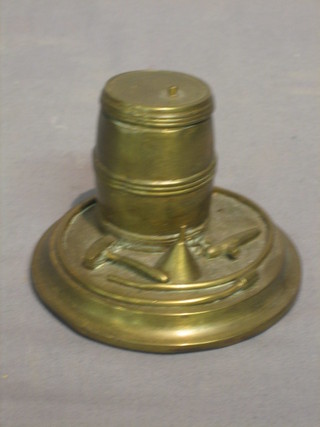 A  brass inkwell in the form of a beer barrel with spicket,  funnel and hammer 4"
