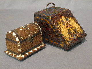 A miniature wooden coal box with poker work decoration 5"  and an arch shaped Eastern trinket box 3"