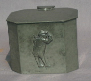 An  Art  Deco  planished English pewter caddy  with  hinged  lid decorated an 18th Century figure 4"