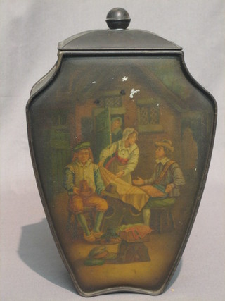 A  Huntley  &  Palmer  biscuit  tin in  the  form  of  a  metal  urn decorated  17th Century life and tavern scenes, (slight  paint  loss to  one  side)  the base marked Huntley  &  Palmer  Ltd,  Biscuit Manufacturer's  London  &  Reading,  Grand  Prize  1878   Paris 1900, 9"